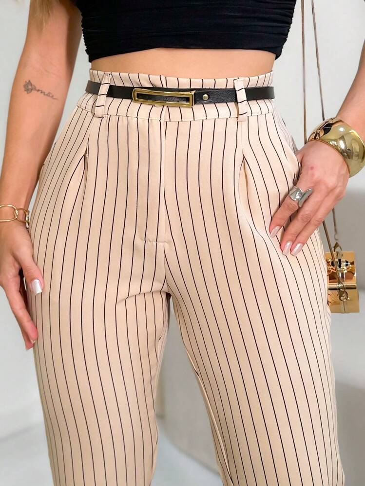 Women's Long Striped Tailored Pants With Belt And Zip Pocket - Apricot - View 5