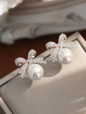 1 Pair Elegant Bow Faux Pearl Rhinestone Stud Earrings Valentines