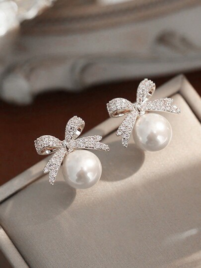 1 Pair Elegant Bow Faux Pearl Rhinestone Stud Earrings Valentines