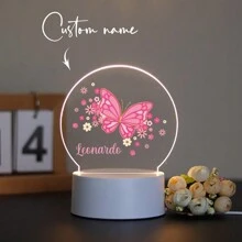 1pc Personalized Name-Creatively Made Acrylic Gift, Featuring Pink Butterflies And Flower Patterns, Suitable For Boys, Girls Or Friends. 3D Optical Illusion, LED Night Light, Warm Light. It Is A Decorative Table Lamp. Applicable For Teachers, Children, Couples, Friends, Family Members, Pets - Birthday, Graduation,Back To School Fashion