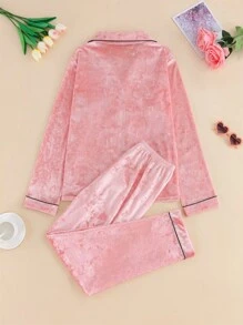 2 Stücke Damen Samt Pyjama Set, Kragen Knopf Langarm Top und lose bequeme Hose, elegante warme dicke Damen Nachtwäsche und Lounge-Kleidung