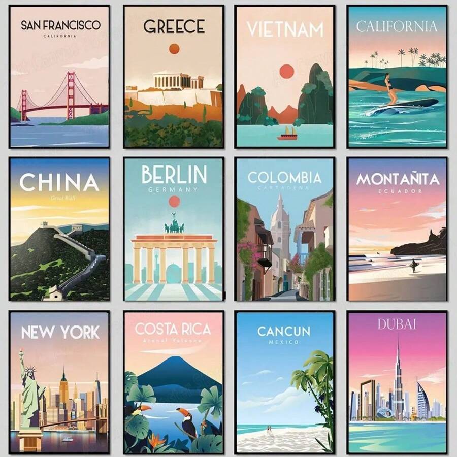 1 tấm áp phích du lịch thế giới thành phố thăm Paris/Mexico/New York in phong cách cổ điển người đam mê du lịch trang trí phòng nhà cổ điển nghệ thuật tranh tường không có khung - Nhiều màu - Xem 1