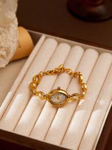 1pc Women's Gold French Retro Pearl Design Casual Watch, Suitable For Social Gatherings, Party Attendance, Daily Wear, Holiday Gift