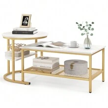 Nesting Coffee Table Set Of 2, 2-In-1 Detachable Table Set, Faux Marble Top 2 PCS Coffee Table Set W/ Extra Storage Shelf, Small Round End Table & Rectangular Coffee Table Set For Living Room - White - View 1