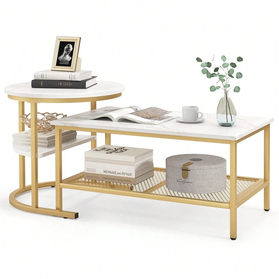 Nesting Coffee Table Set Of 2, 2-In-1 Detachable Table Set, Faux Marble Top 2 PCS Coffee Table Set W/ Extra Storage Shelf, Small Round End Table & Rectangular Coffee Table Set For Living Room - White - View 1