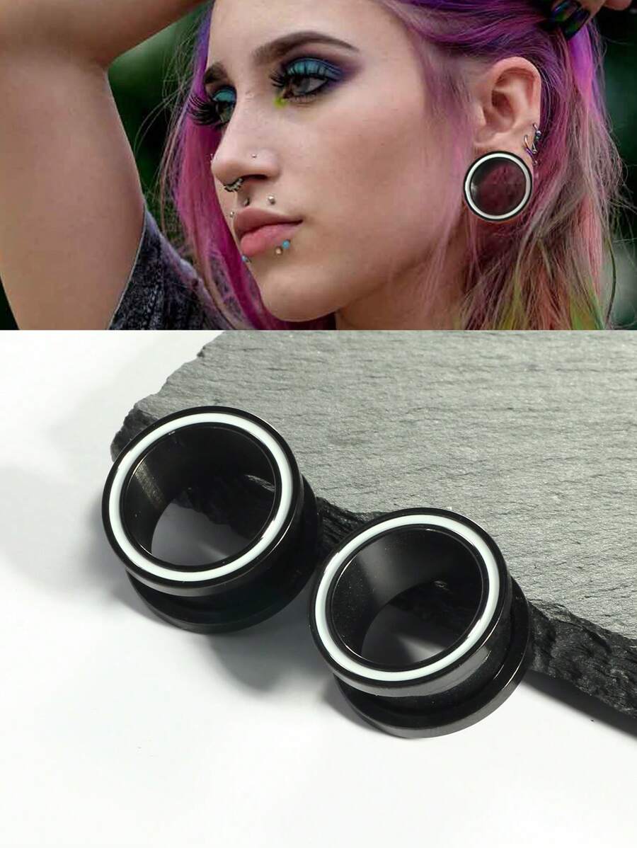 1 Pair Stainless Steel Black Ear Gauges RetroReflective Sheeting