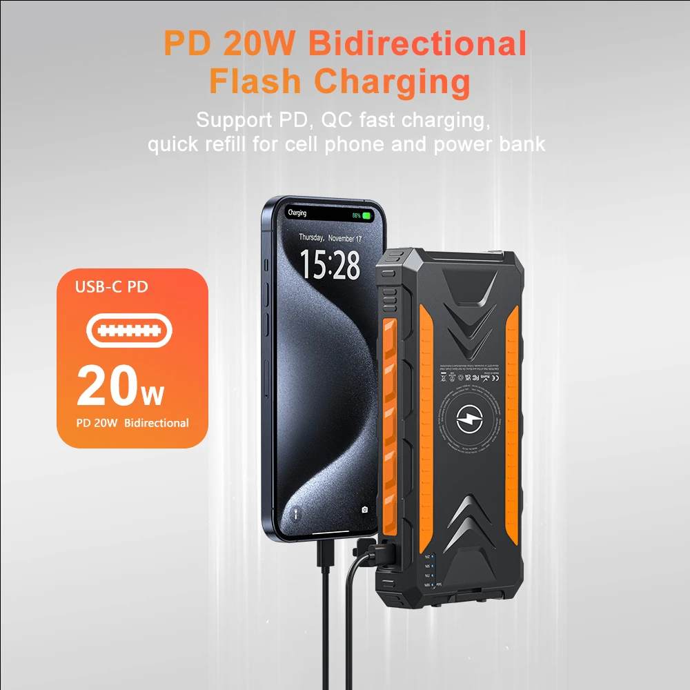 KR-T01 太阳能充电器移动电源 20,000mAh，便携式无线充电器，20W 快速充电外置电池组，带 USB C 适用于手机，带双手电筒的太阳能电池板充电器，适用于 Apple iPhone、iPad、Android 手机的露营，适合家人、朋友、儿童、生日、圣诞节、冬季、的礼物，适合户外玩耍、购物、旅行、便携式电源安全稳定的聚合物锂电池。 - 黑色 - 查看 1