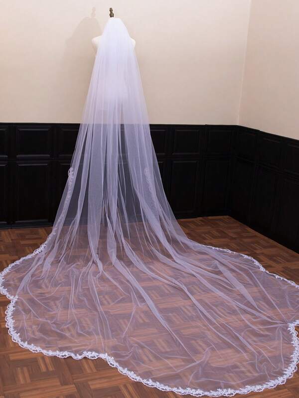 1pc 3.5m Long & Wide Bridal Veil With Comb, Wedding Photoshoot Accessory Fall Clothes For Women