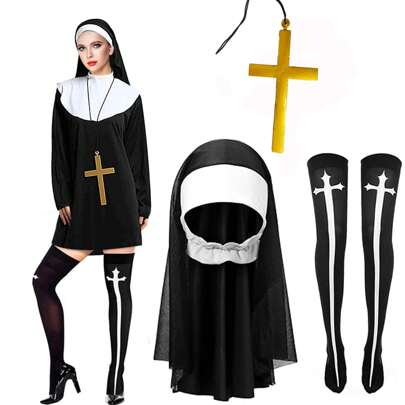 3 szt. Akcesoria do kostiumów dla kobiet, kapelusz do kostiumu zakonnicy katolickiej, złoty krzyż, naszyjnik, pończochy do kolan na imprezę cosplay, przebieranki na imprezę halloweenową (bez odzieży)