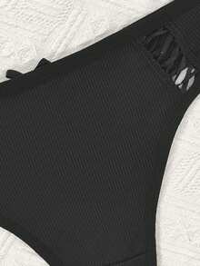 纯色镂空蝴蝶结装饰性感内裤，欧美风格女士舒适丁字裤 - 黑色 - 查看 9