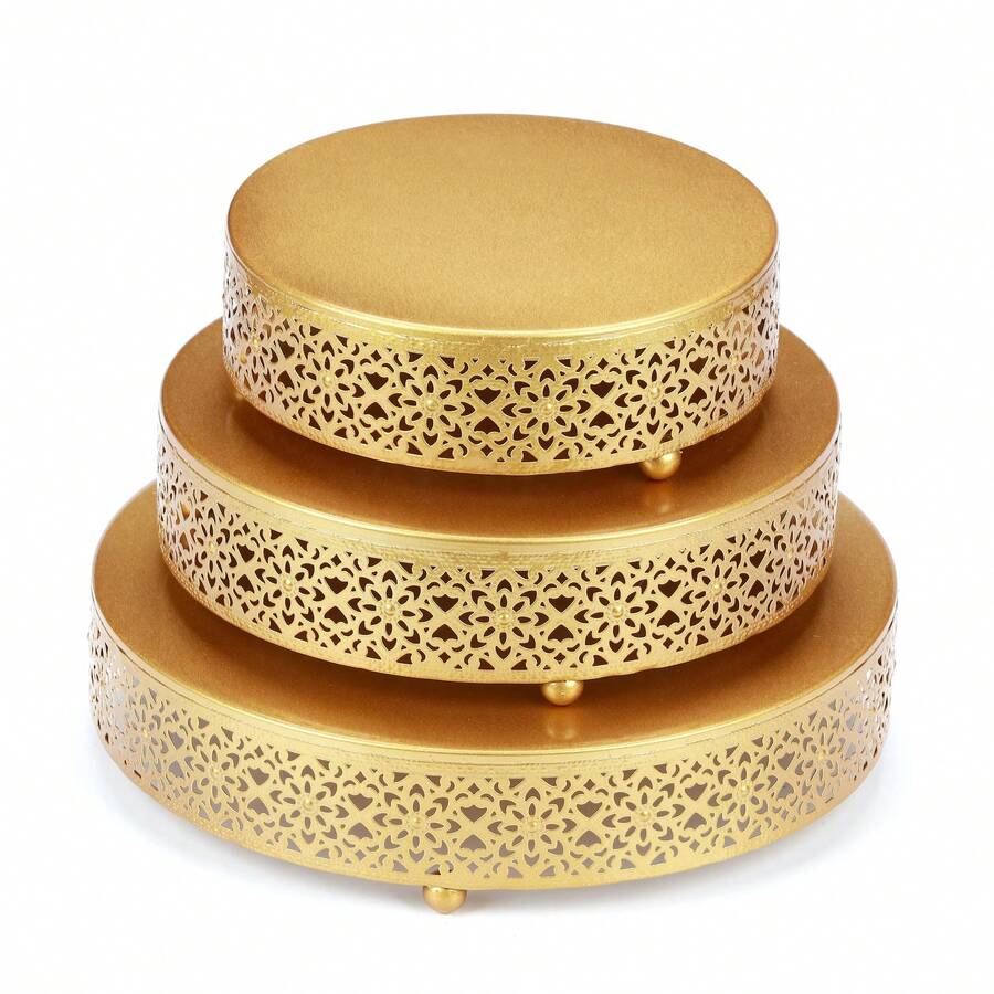 3 Pieces White/Golden Cake Stand Set, 8/10/12 Inch Round Metal Dessert Display Stand Decorative Cake Holder Cupcake Pastry Candy Display Plate For Wedding, Party, Birthday, Event - 金色 - 查看 1