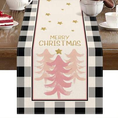 1pc Christmas Winter Table Runner, Christmas Tree, Star & Buffalo Plaid Elements Design, Suitable For Kitchen, Dining Room Decor, Christmas Holiday Farmhouse Decor, Home Decor
