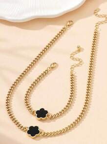 1set Stainless Steel 18K Plated Multicolor Lucky Clover Chain Jewelry Set, Classic & Fashionable For Women, Suitable For Party, Dating, Work, Holiday Wear