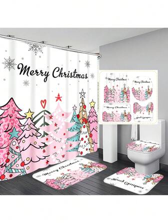 1 件/4 件圣诞粉色圣诞树元素印花浴帘套装，防水浴帘（带 12 个挂钩），浴垫，U 型马桶垫，马桶座套，浴室隔断，浴室配件，浴室装饰冬季装饰秋季装饰返校