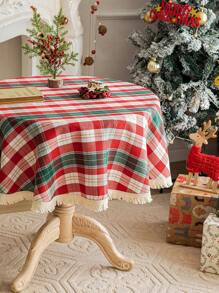 1pc Christmas Plaid Round Tasseled Tablecloth, Suitable For Living Room, Dining Room, Outdoor And Christmas Decoration