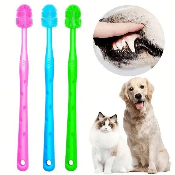 3pcs Cat, Dog, Pet Toothbrush, Anti Tartar Cosmetic Brush, Soft Bristle Size Dog Specific 360 Degree Soft Silicone (Purple/Green/Blue)