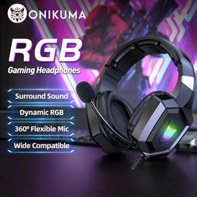  ONIKUMA K8 Gaming Headset With Flexible HD Microphone, RGB Lighting, Surround Stereo, Over-Ear Wired Headphones Designed For PC Gamers