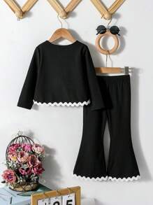 2pcs/Set Young Girl New Fashionable Girl Clothes Set, Long Sleeve Top & Flared Pants, Autumn - Black - View 2