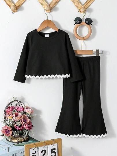 2pcs/Set Young Girl New Fashionable Girl Clothes Set, Long Sleeve Top & Flared Pants, Autumn
