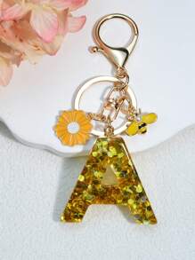 1 móc khóa chữ cái tiếng Anh bằng nhựa có trang trí hoa và ong, phụ kiện treo thời trang làm quà tặng cho bạn bè và mẹ, phong cách Châu Âu và Mỹ - vàng - Xem 2