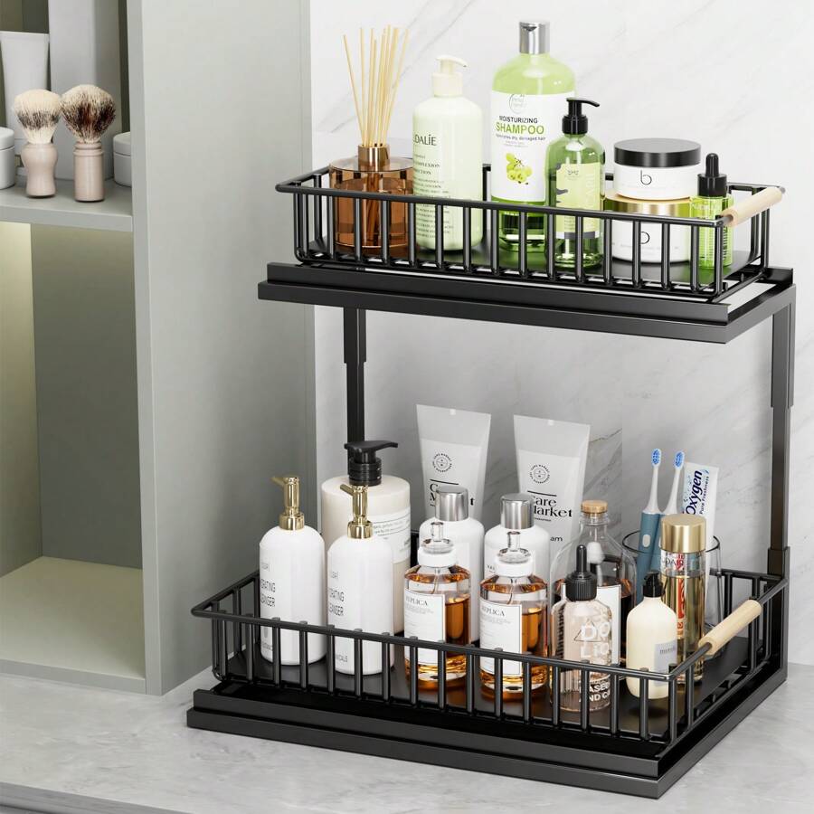 Under Sink Organizer 2 Pack, 2 Tier Slide Out Under Sink Organizers And