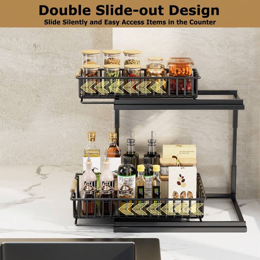 Under Sink Organizer 2 Pack, 2 Tier Slide Out Under Sink Organizers And