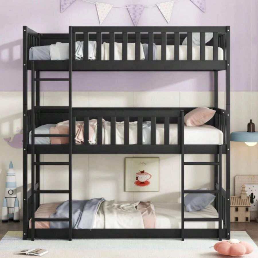 Twin Size Triple Rubber Wood Bunk Bed, With Ladders, Guardrails
