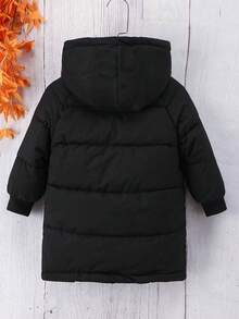 Young Boy Solid Color Casual Thick Long Sleeve Jacket For Everyday, Autumn/Winter - Black - View 2