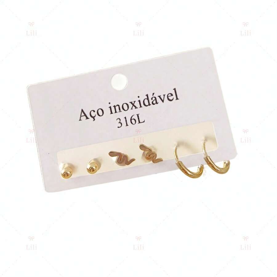 Kit 3 Pairs Small Earrings With Medium Hoop / Stainless Steel Snake - Vàng - Xem 1