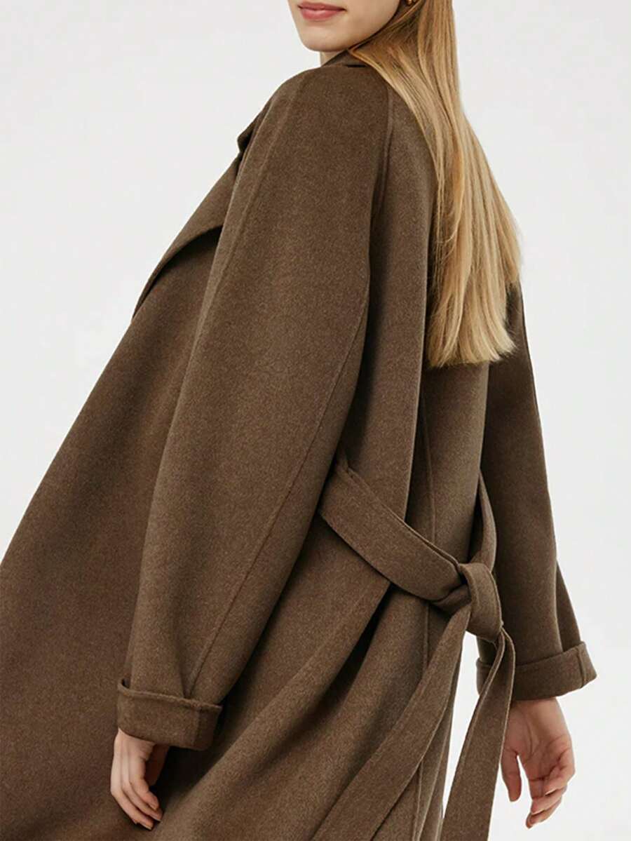 Manteau fourrure élégant haute qualité pour femme, couleur unie jusqu'aux genoux, style anglais avec ceinture. Veste d'extérieur chaude à porter en automne et hiver - Tabac - Voir 1