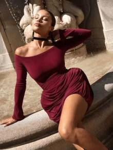 Women's Solid Color Long Sleeve Ruched Elastic Waist Dress, Sexy Open Shoulder One-Piece Mini Dress, Spring