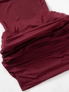 Women's Solid Color Long Sleeve Ruched Elastic Waist Dress, Sexy Open Shoulder One-Piece Mini Dress, Spring