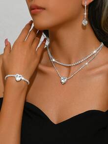 Bộ 3 món/Bộ trang sức vòng cổ trái tim pha lê thời trang sang trọng, hoa tai và vòng tay, phụ kiện thời trang cho cô dâu/tiệc tùng - Bạc - Xem 9