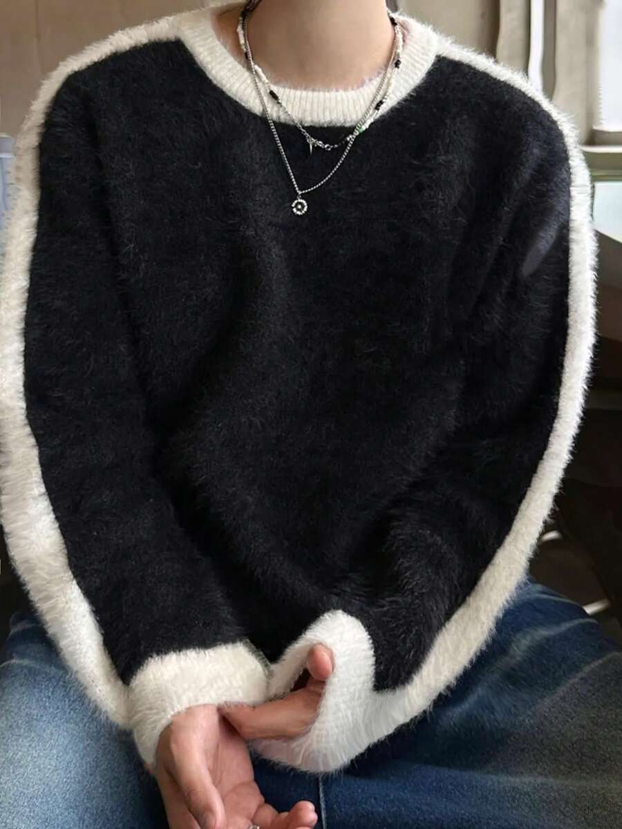 男女皆宜的宽松休闲撞色针织衫,秋冬季保暖,韩版风格,简约设计,圆领,落肩,长袖 - 黑色 - 查看 1
