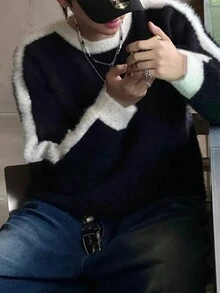 男女皆宜的宽松休闲撞色针织衫，秋冬季保暖，韩版风格，简约设计，圆领，落肩，长袖 - 黑色 - 查看 3