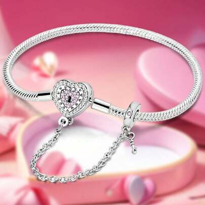 1pc 16-22cm 925 Sterling Silver Heart Beads Snake Bone Bracelet, Gift For Women/Girlfriend, Elegant Women Jewelry