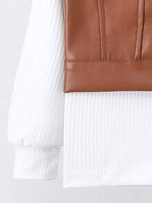 3 peças/conjunto de colete de Pu para meninas primavera/outono, cor café, suéter de malha branca e saia - Branco - Ver 5