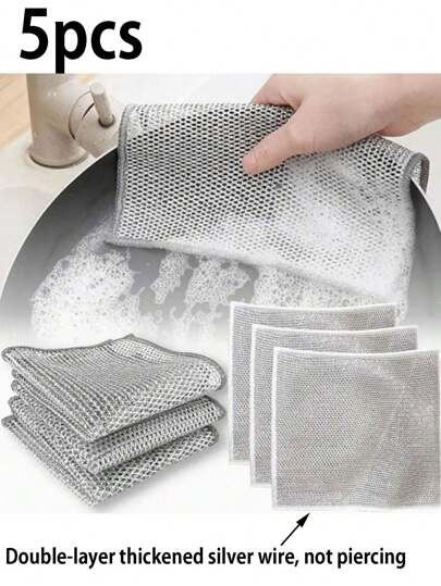 5pcs Multi-Purpose Magical Cleaning Cloths: Stainless Steel Scouring Pads, Kitchen Scrubber Sponges, Magnifying Glass Dish Scrubs, Dual-Sided Microfiber Cleaning Cloths, And Degreasing Brushes. Suitable For Stoves, Sinks, Cookware, And Dishwashing. Kitchen Essentials.