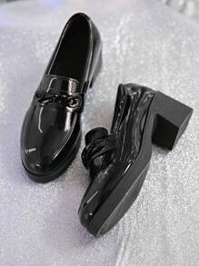 2024新款乐福鞋，复古英伦风休闲百搭一脚蹬金属链条装饰，PU材质橡胶鞋底，舒适时尚女鞋适合各种场合 - 黑色 - 查看 7