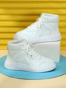 白色运动鞋，休闲舒适保暖高帮圆头系带平底女鞋，完美的圣诞礼物，时尚运动鞋 - 白色 - 查看 5