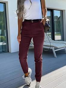 Pantalones livianos de unicolor y ajuste slim, adecuados para ir al trabajo y uso casual diario, primavera/verano - Rojo violeta - Ver 3