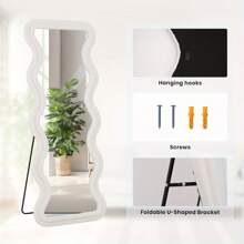 Melodieux Full Length Mirror 63"X 24" Irregular Wavy Full Body Mirror Wall Mounted Floor Mirror With Stand Ivory Flannel Wrapped Wooden Frame Leaning Hanging Wall Mirror For Bedroom Entrance - 矩形大波浪 - 查看 6