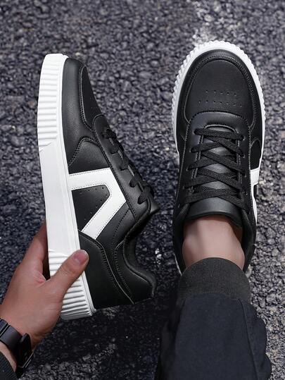 1 par de tênis casuais de cano baixo com cadarço e design em PU, bico redondo, versáteis para uso interno e externo, adequados para casais, todas as estações