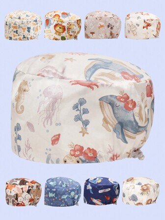 1pc Adjustable And Breathable Cartoon Ocean Pattern Polyester Fabric Gardening/Pet/Chef/Nurse Cap, Suitable For All Seasons