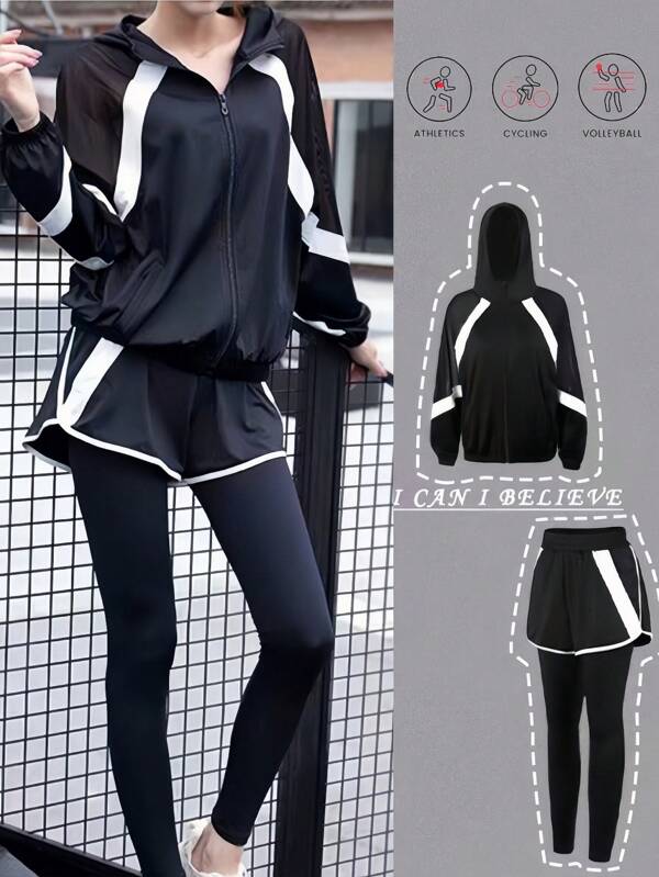 Women Minimalist Sports Suit, Black Mesh Jacket & Pants Set, Gym Outfit