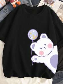 Unisex T-Shirt With Teddy Bear And Balloon Print, Streetwear Fashion - màu đen - Xem 2