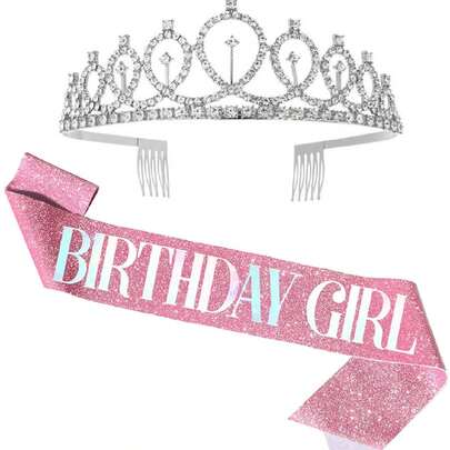 2pcs Birthday Girl Sash & Rhinestone Crown Set, Shoulder Strap & Waistband, Women's Birthday Crown Headband,