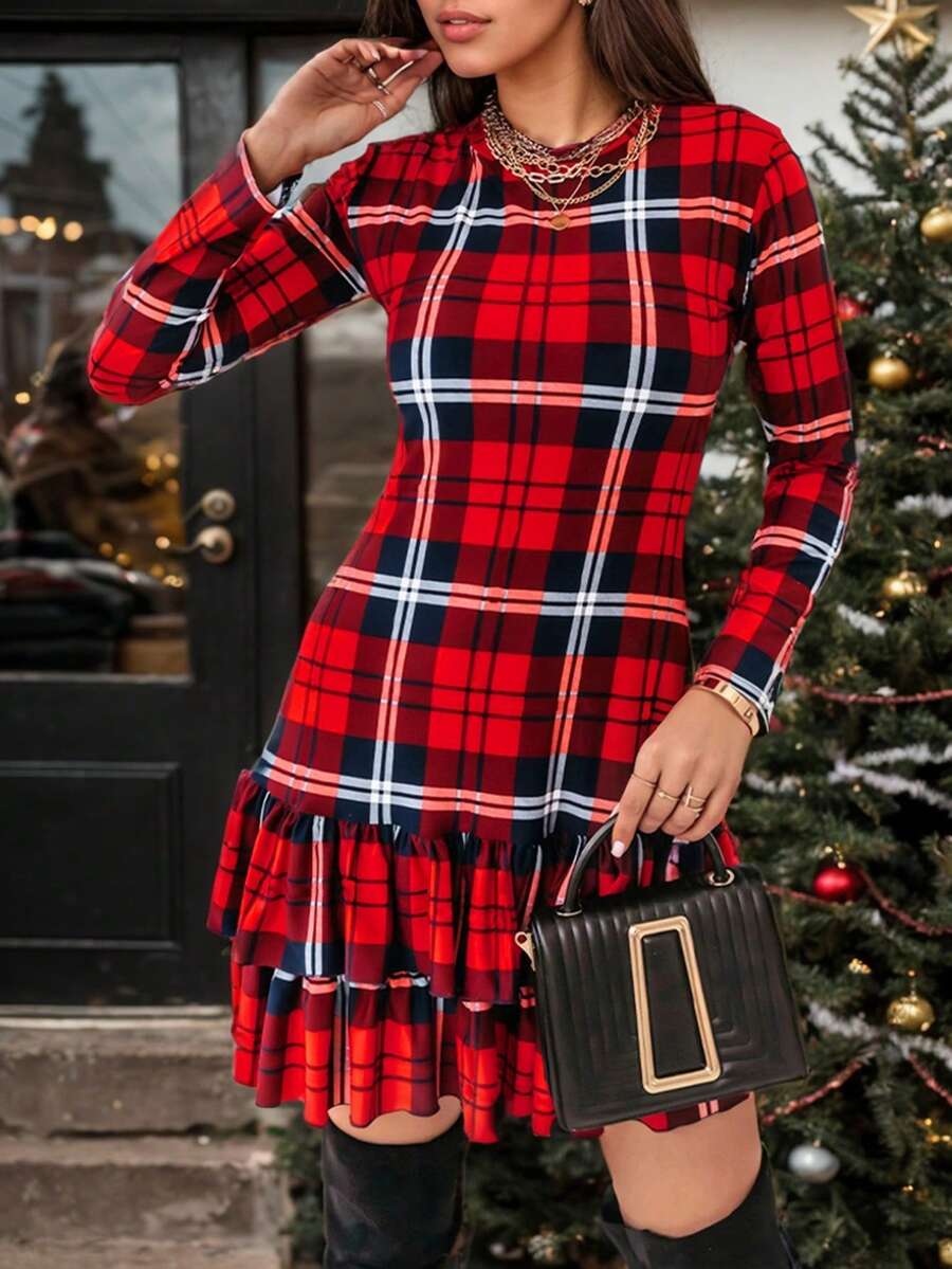Christmas Round Neck Plaid Print Ruffle Trim Bodycon Dress