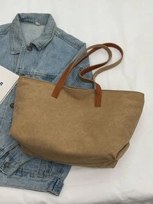 休闲简约大容量帆布手提包新款时尚学生校园单肩包通勤包 - 卡其色 - 查看 8