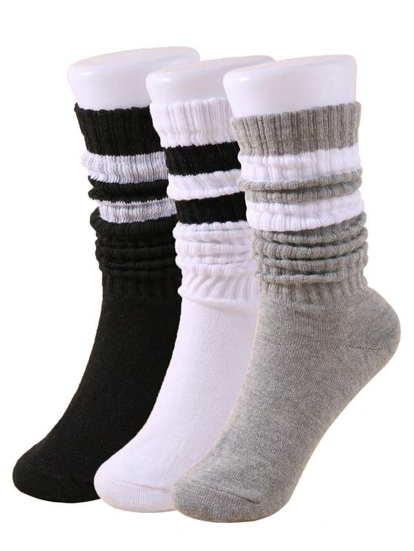 3 Pairs Women's Fall Winter Slouch Knit Socks, Stripe Slouchy Socks, Scrunch Socks, Scrunchie Socks, Crew Socks